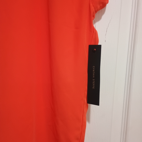 New Cynthia Steffe Vibrant Orange V-neck Cap Sleeve Hi-Lo Dressy Blouse Size Lg - Picture 4 of 8